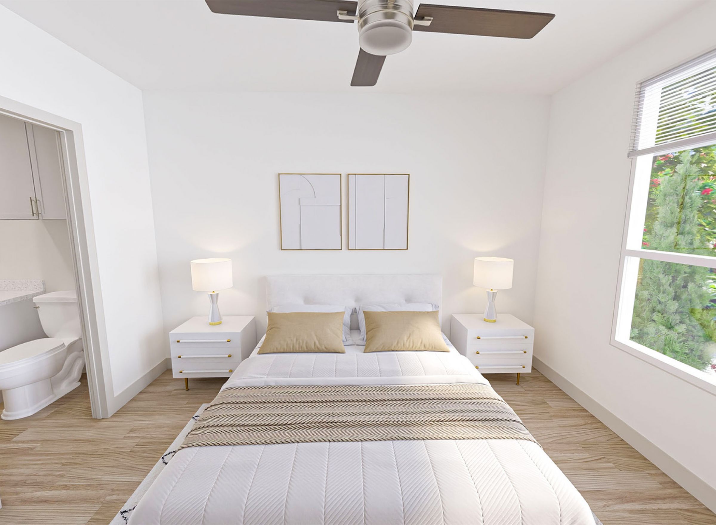 Monteverde Apartments Bright bedroom with a bed, two nightstands, lamps, and a window with a view of trees and flowers.