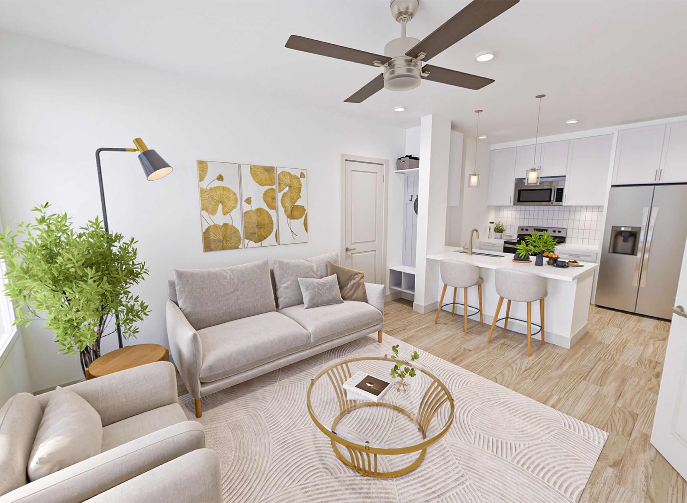 Monteverde Apartments Modern, bright living room and kitchen with neutral decor, light furniture, and a ceiling fan.