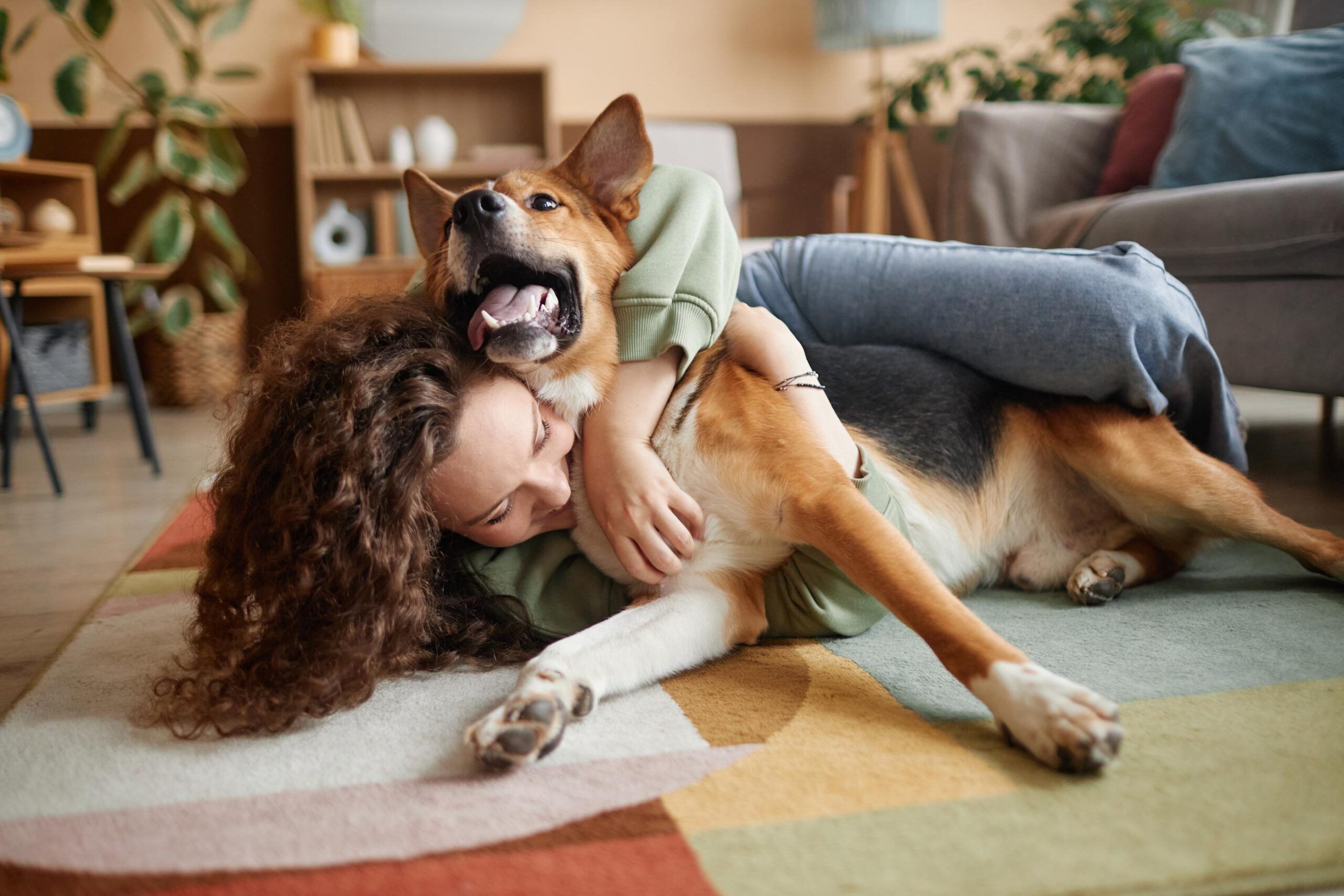Woman lying on a rug, hugging a large happy dog in a cozy living room.