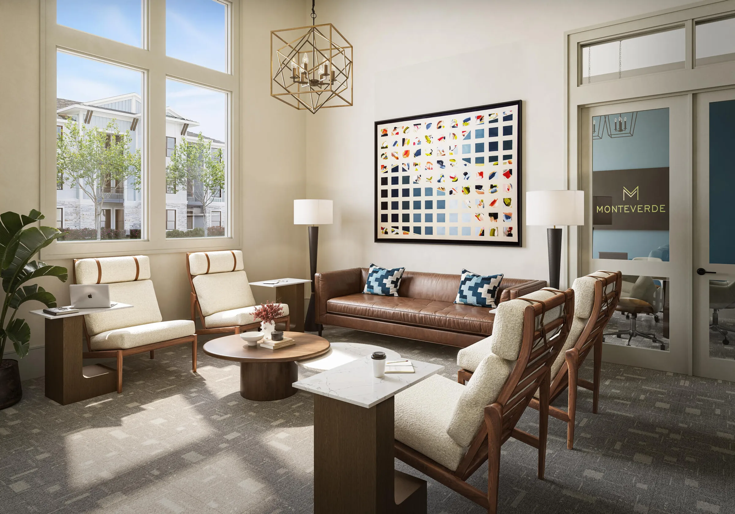 Monteverde Apartments Modern lounge with neutral chairs, a brown leather sofa, large windows, and colorful artwork on the wall.